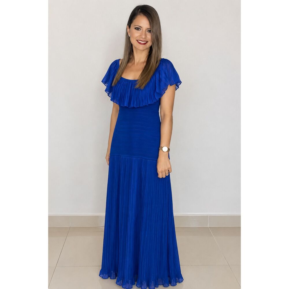Black Velvet Womens Royal Blue Stretch Pleated Maxi Dress Sz S Ruffled Neckline